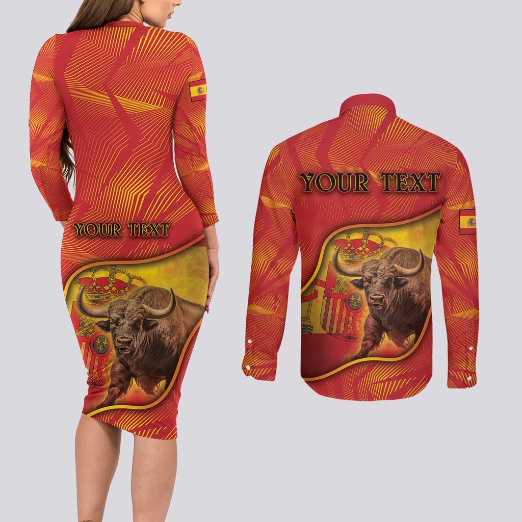 Personalized Spain Couples Matching Long Sleeve Bodycon Dress and Long Sleeve Button Shirt The Spanish Fighting Bull With Coat Of Arms - Wonder Print Shop