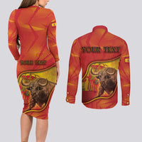 Personalized Spain Couples Matching Long Sleeve Bodycon Dress and Long Sleeve Button Shirt The Spanish Fighting Bull With Coat Of Arms - Wonder Print Shop