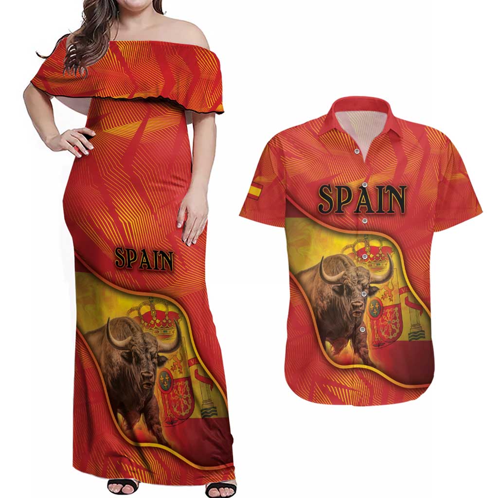 Personalized Spain Couples Matching Off Shoulder Maxi Dress and Hawaiian Shirt The Spanish Fighting Bull With Coat Of Arms - Wonder Print Shop
