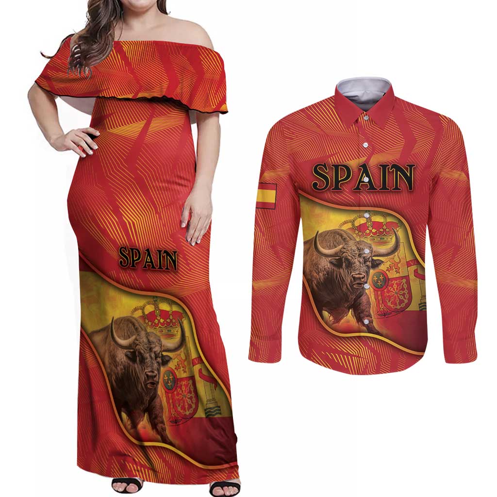 Personalized Spain Couples Matching Off Shoulder Maxi Dress and Long Sleeve Button Shirt The Spanish Fighting Bull With Coat Of Arms - Wonder Print Shop