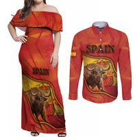 Personalized Spain Couples Matching Off Shoulder Maxi Dress and Long Sleeve Button Shirt The Spanish Fighting Bull With Coat Of Arms - Wonder Print Shop