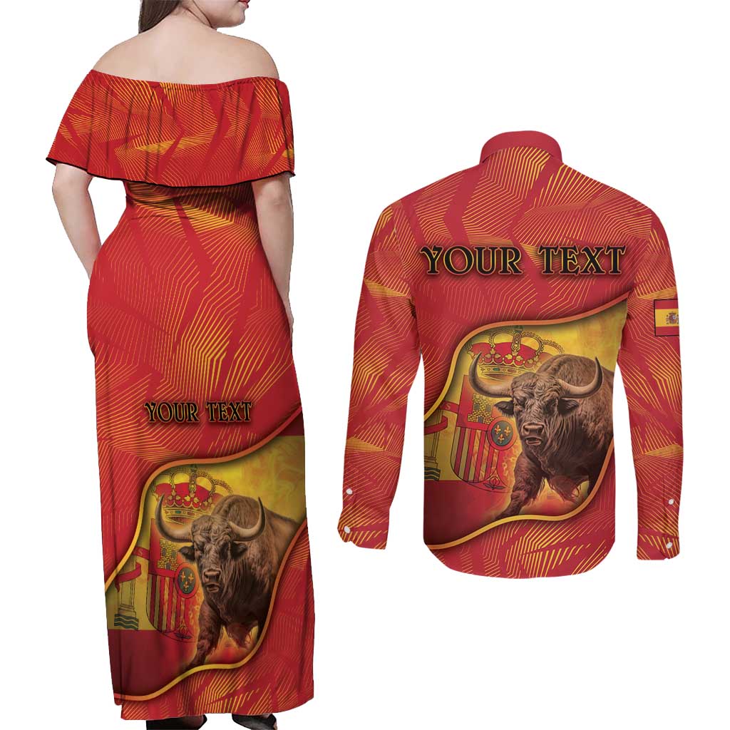 Personalized Spain Couples Matching Off Shoulder Maxi Dress and Long Sleeve Button Shirt The Spanish Fighting Bull With Coat Of Arms - Wonder Print Shop