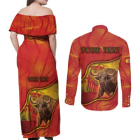 Personalized Spain Couples Matching Off Shoulder Maxi Dress and Long Sleeve Button Shirt The Spanish Fighting Bull With Coat Of Arms - Wonder Print Shop