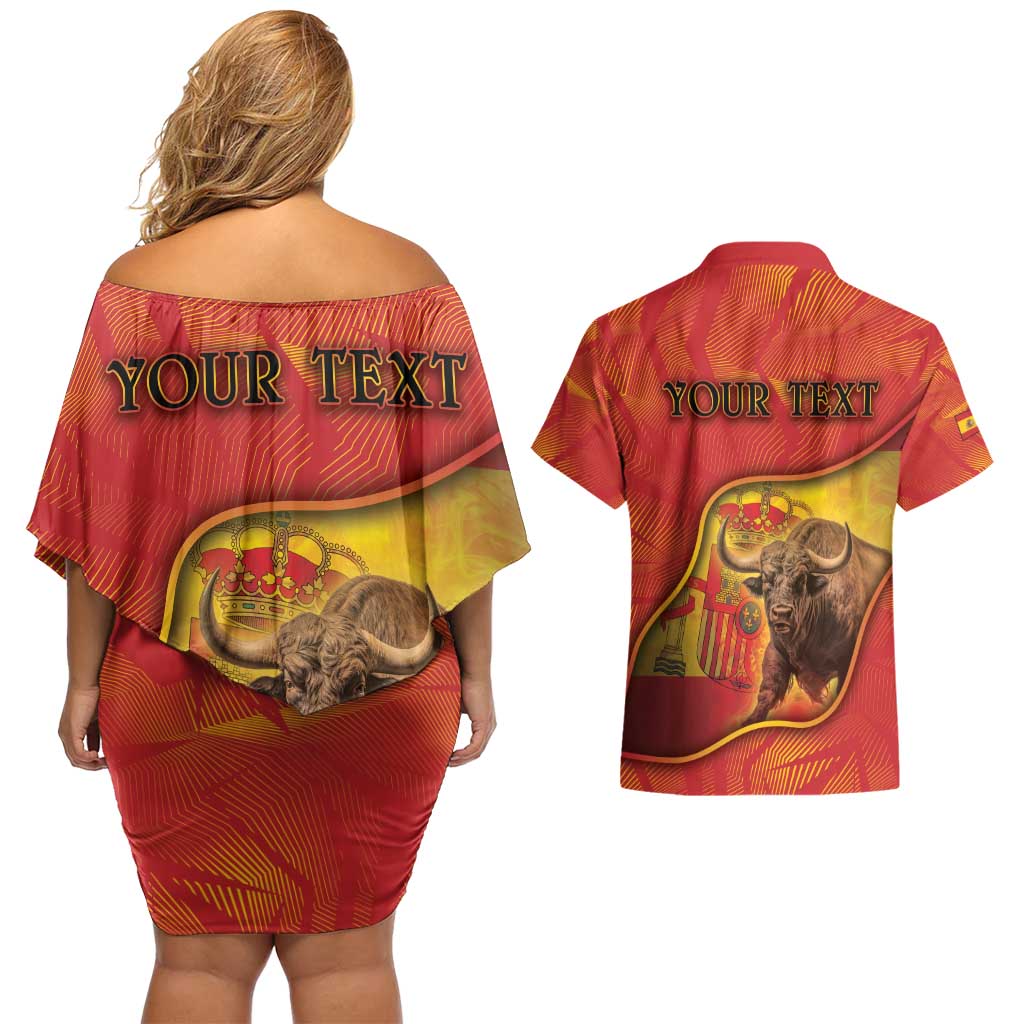 Personalized Spain Couples Matching Off Shoulder Short Dress and Hawaiian Shirt The Spanish Fighting Bull With Coat Of Arms - Wonder Print Shop