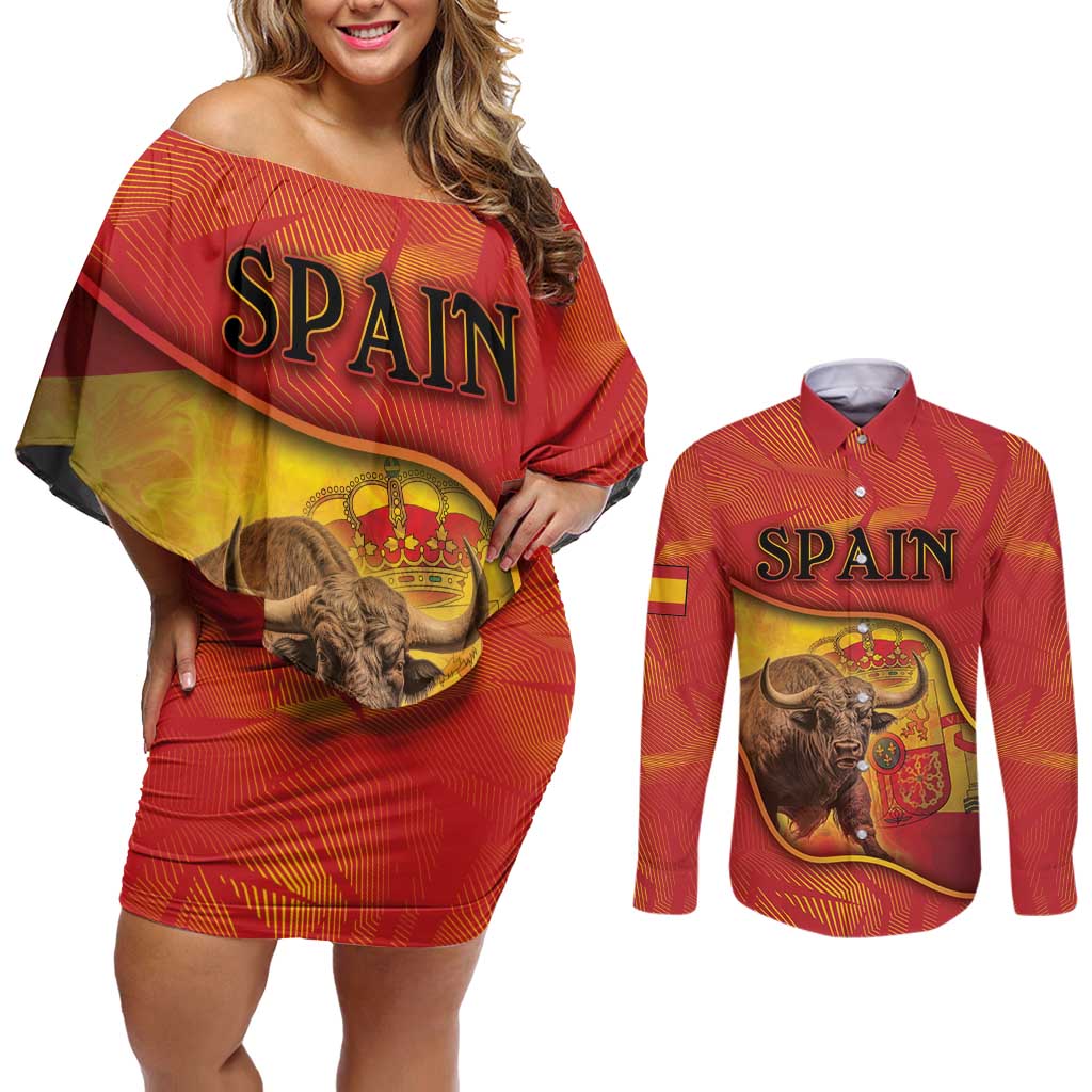 Personalized Spain Couples Matching Off Shoulder Short Dress and Long Sleeve Button Shirt The Spanish Fighting Bull With Coat Of Arms - Wonder Print Shop