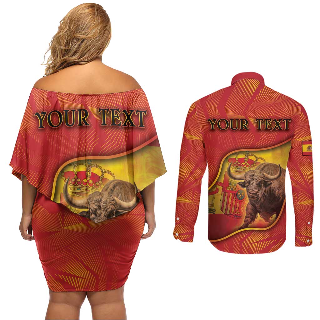 Personalized Spain Couples Matching Off Shoulder Short Dress and Long Sleeve Button Shirt The Spanish Fighting Bull With Coat Of Arms - Wonder Print Shop
