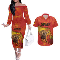 Personalized Spain Couples Matching Off The Shoulder Long Sleeve Dress and Hawaiian Shirt The Spanish Fighting Bull With Coat Of Arms - Wonder Print Shop