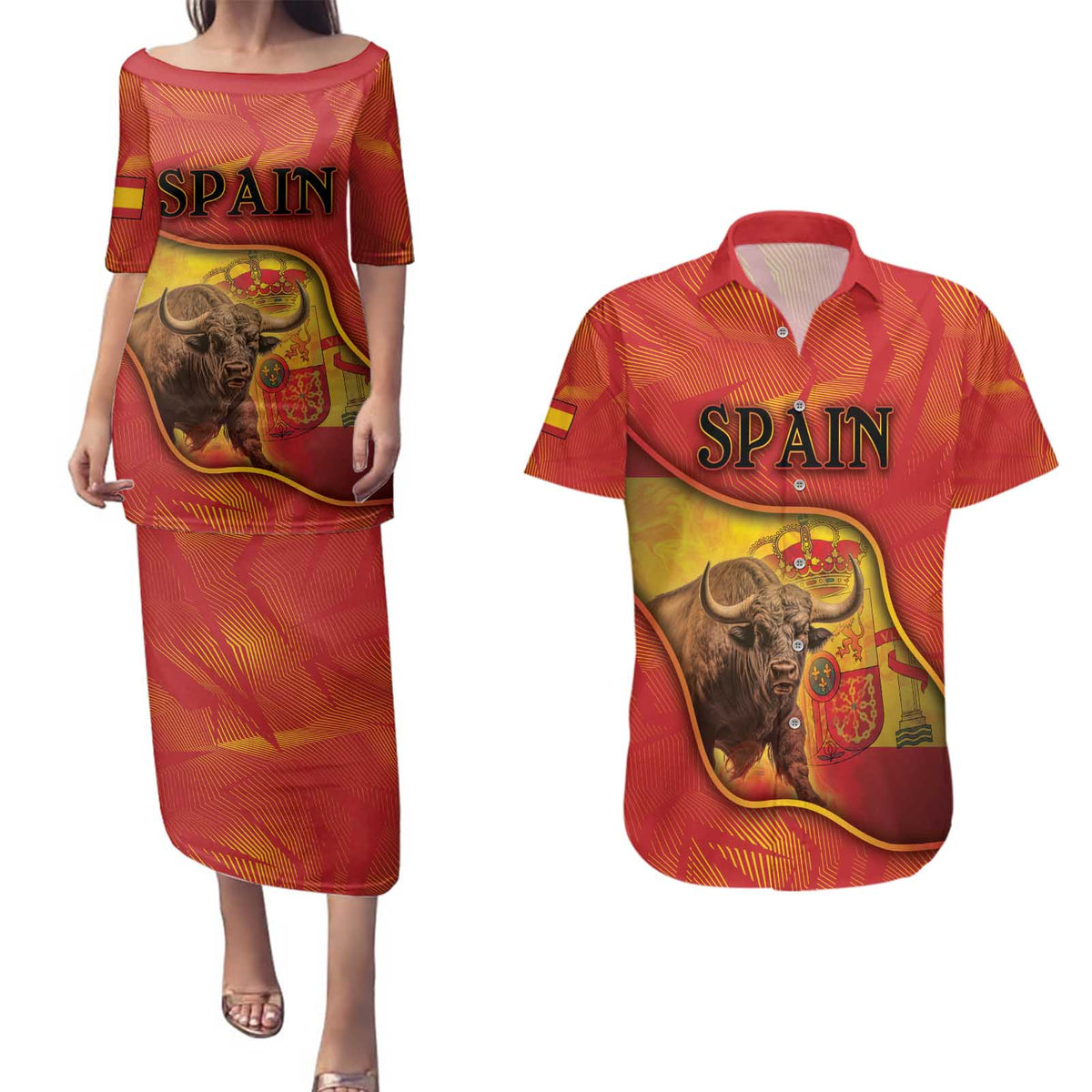 Personalized Spain Couples Matching Puletasi and Hawaiian Shirt The Spanish Fighting Bull With Coat Of Arms - Wonder Print Shop