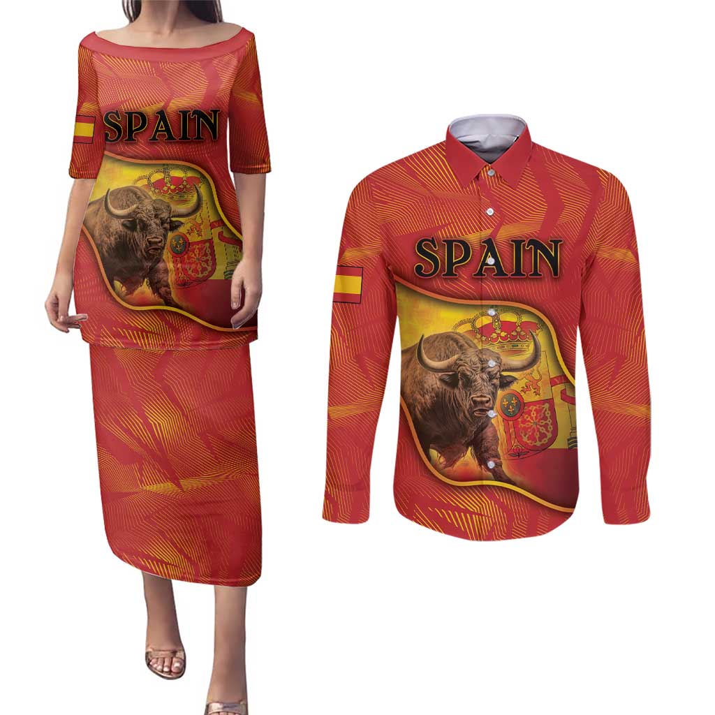 Personalized Spain Couples Matching Puletasi and Long Sleeve Button Shirt The Spanish Fighting Bull With Coat Of Arms - Wonder Print Shop