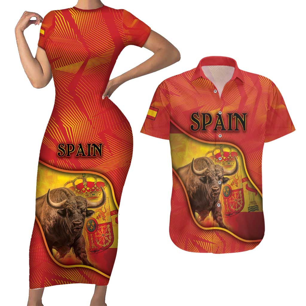 Personalized Spain Couples Matching Short Sleeve Bodycon Dress and Hawaiian Shirt The Spanish Fighting Bull With Coat Of Arms - Wonder Print Shop
