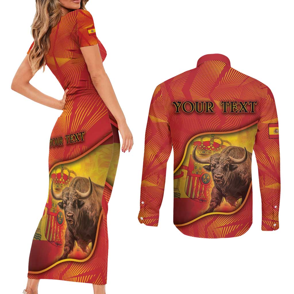 Personalized Spain Couples Matching Short Sleeve Bodycon Dress and Long Sleeve Button Shirt The Spanish Fighting Bull With Coat Of Arms - Wonder Print Shop