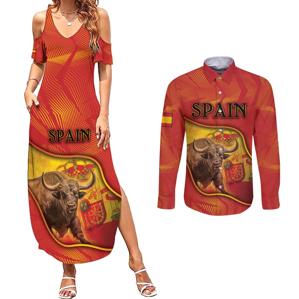 Personalized Spain Couples Matching Summer Maxi Dress and Long Sleeve Button Shirt The Spanish Fighting Bull With Coat Of Arms - Wonder Print Shop