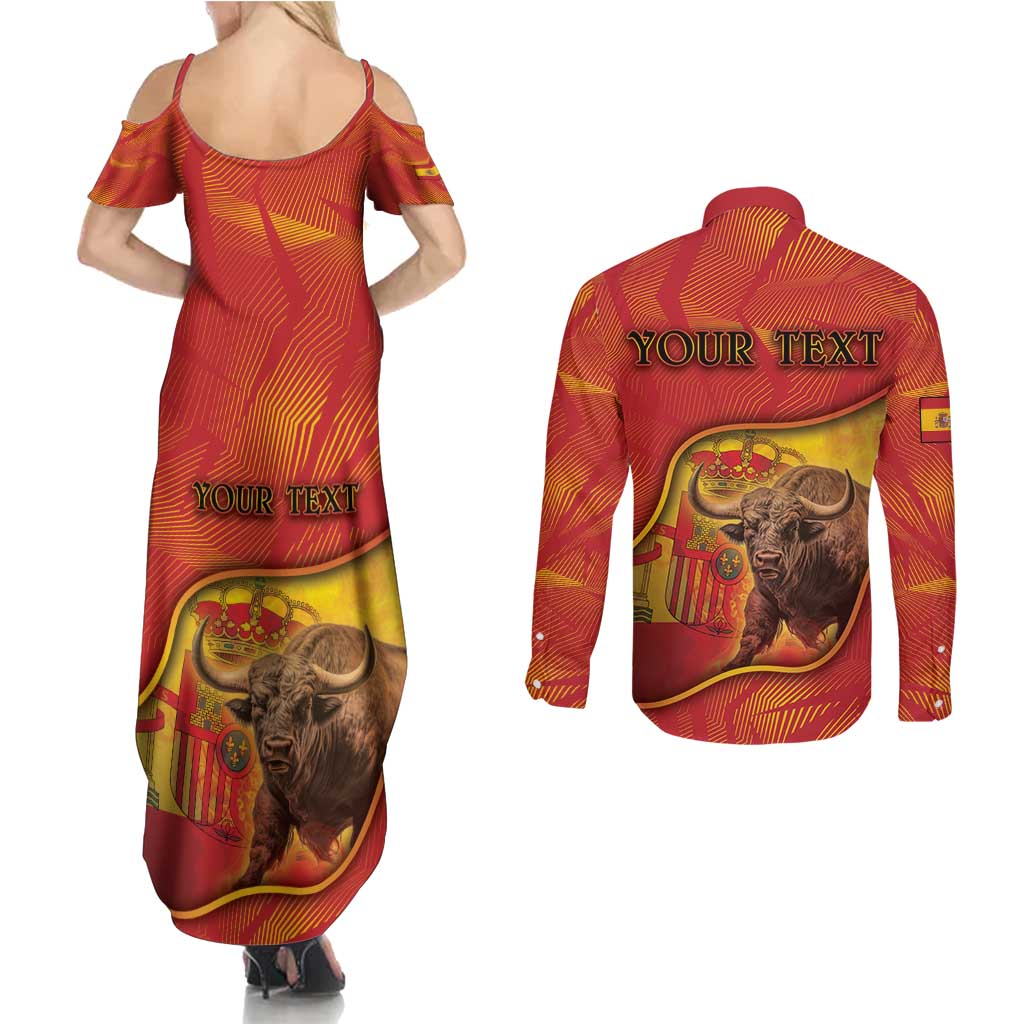 Personalized Spain Couples Matching Summer Maxi Dress and Long Sleeve Button Shirt The Spanish Fighting Bull With Coat Of Arms - Wonder Print Shop