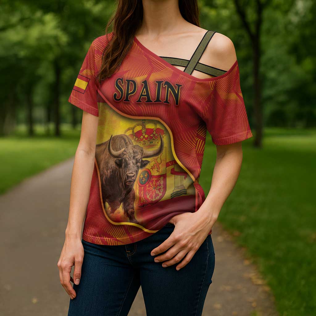 Personalized Spain Cross Shoulder Shirt The Spanish Fighting Bull With Coat Of Arms - Wonder Print Shop
