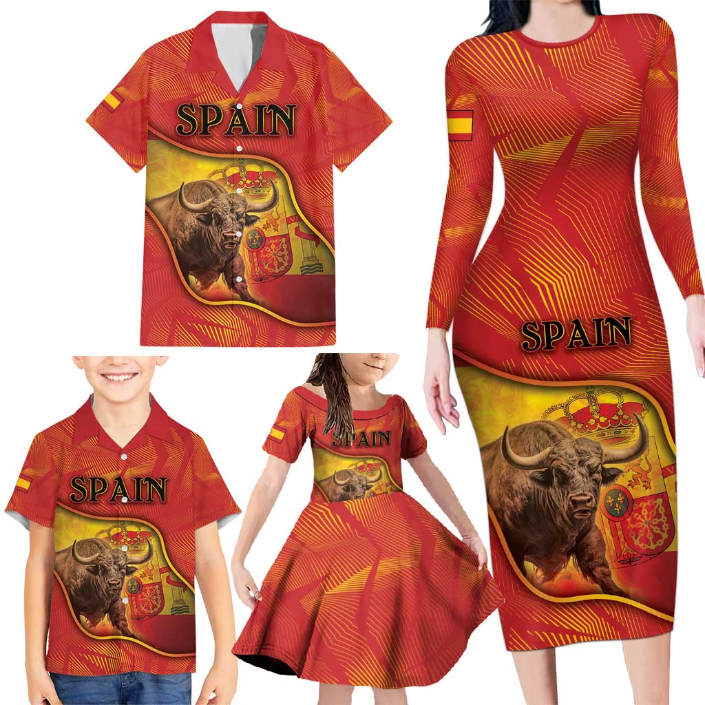 Personalized Spain Family Matching Long Sleeve Bodycon Dress and Hawaiian Shirt The Spanish Fighting Bull With Coat Of Arms - Wonder Print Shop