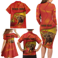 Personalized Spain Family Matching Long Sleeve Bodycon Dress and Hawaiian Shirt The Spanish Fighting Bull With Coat Of Arms - Wonder Print Shop