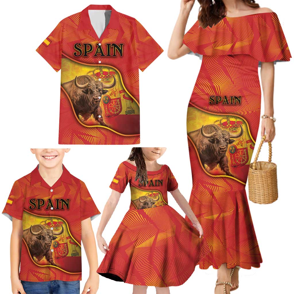 Personalized Spain Family Matching Mermaid Dress and Hawaiian Shirt The Spanish Fighting Bull With Coat Of Arms - Wonder Print Shop