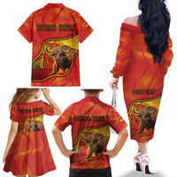 Personalized Spain Family Matching Off The Shoulder Long Sleeve Dress and Hawaiian Shirt The Spanish Fighting Bull With Coat Of Arms - Wonder Print Shop