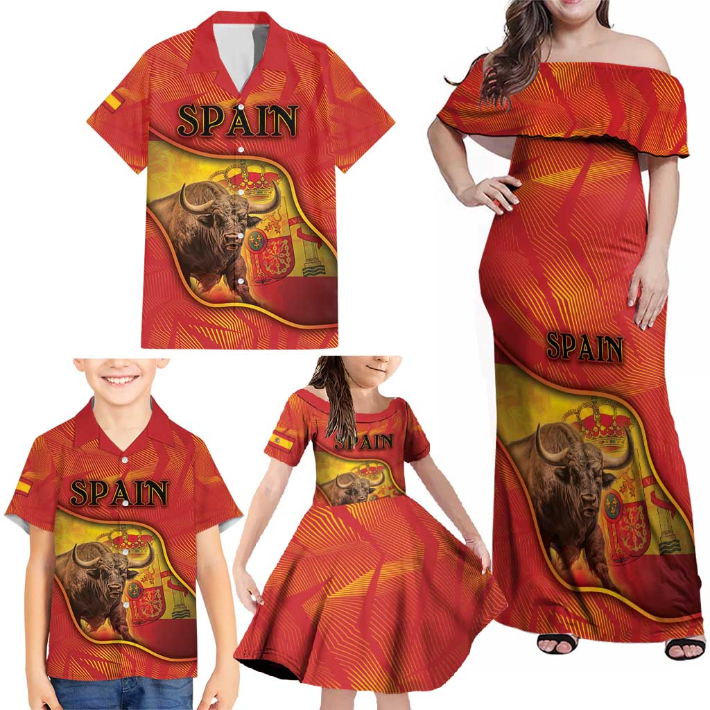 Personalized Spain Family Matching Off Shoulder Maxi Dress and Hawaiian Shirt The Spanish Fighting Bull With Coat Of Arms - Wonder Print Shop