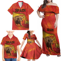 Personalized Spain Family Matching Off Shoulder Maxi Dress and Hawaiian Shirt The Spanish Fighting Bull With Coat Of Arms - Wonder Print Shop