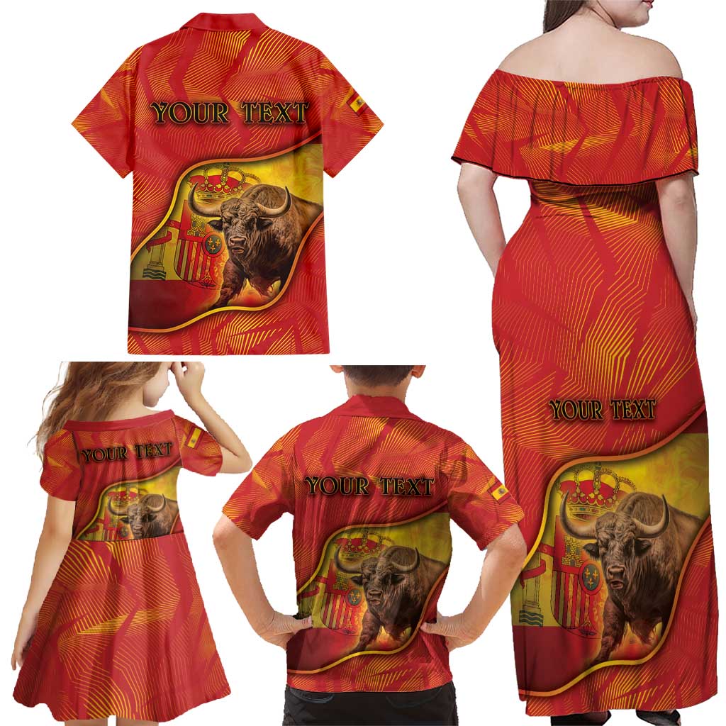 Personalized Spain Family Matching Off Shoulder Maxi Dress and Hawaiian Shirt The Spanish Fighting Bull With Coat Of Arms - Wonder Print Shop