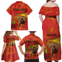 Personalized Spain Family Matching Off Shoulder Maxi Dress and Hawaiian Shirt The Spanish Fighting Bull With Coat Of Arms - Wonder Print Shop