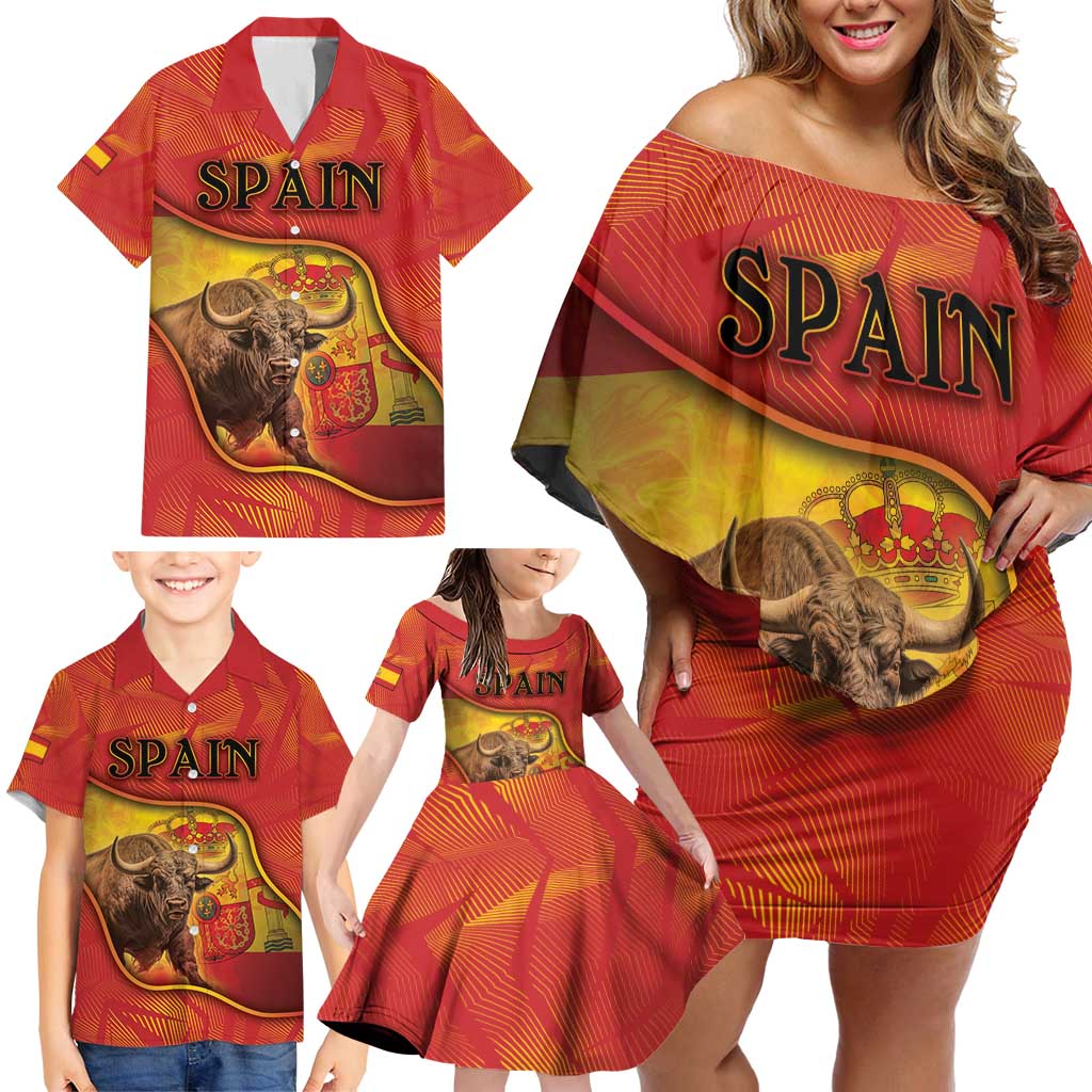 Personalized Spain Family Matching Off Shoulder Short Dress and Hawaiian Shirt The Spanish Fighting Bull With Coat Of Arms - Wonder Print Shop