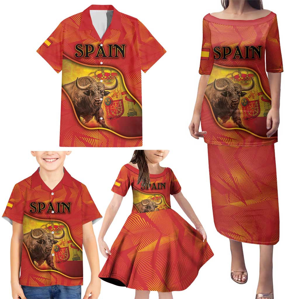 Personalized Spain Family Matching Puletasi and Hawaiian Shirt The Spanish Fighting Bull With Coat Of Arms - Wonder Print Shop