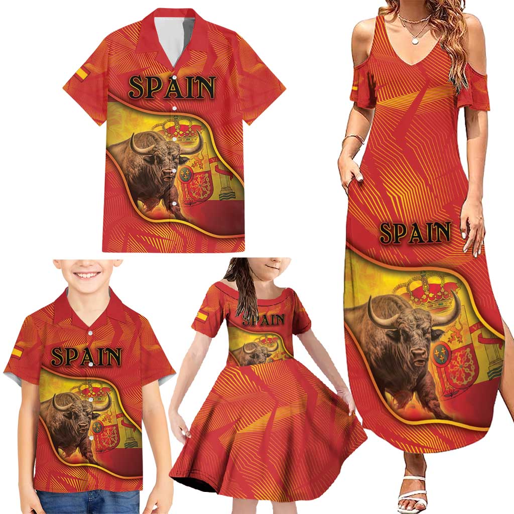 Personalized Spain Family Matching Summer Maxi Dress and Hawaiian Shirt The Spanish Fighting Bull With Coat Of Arms - Wonder Print Shop