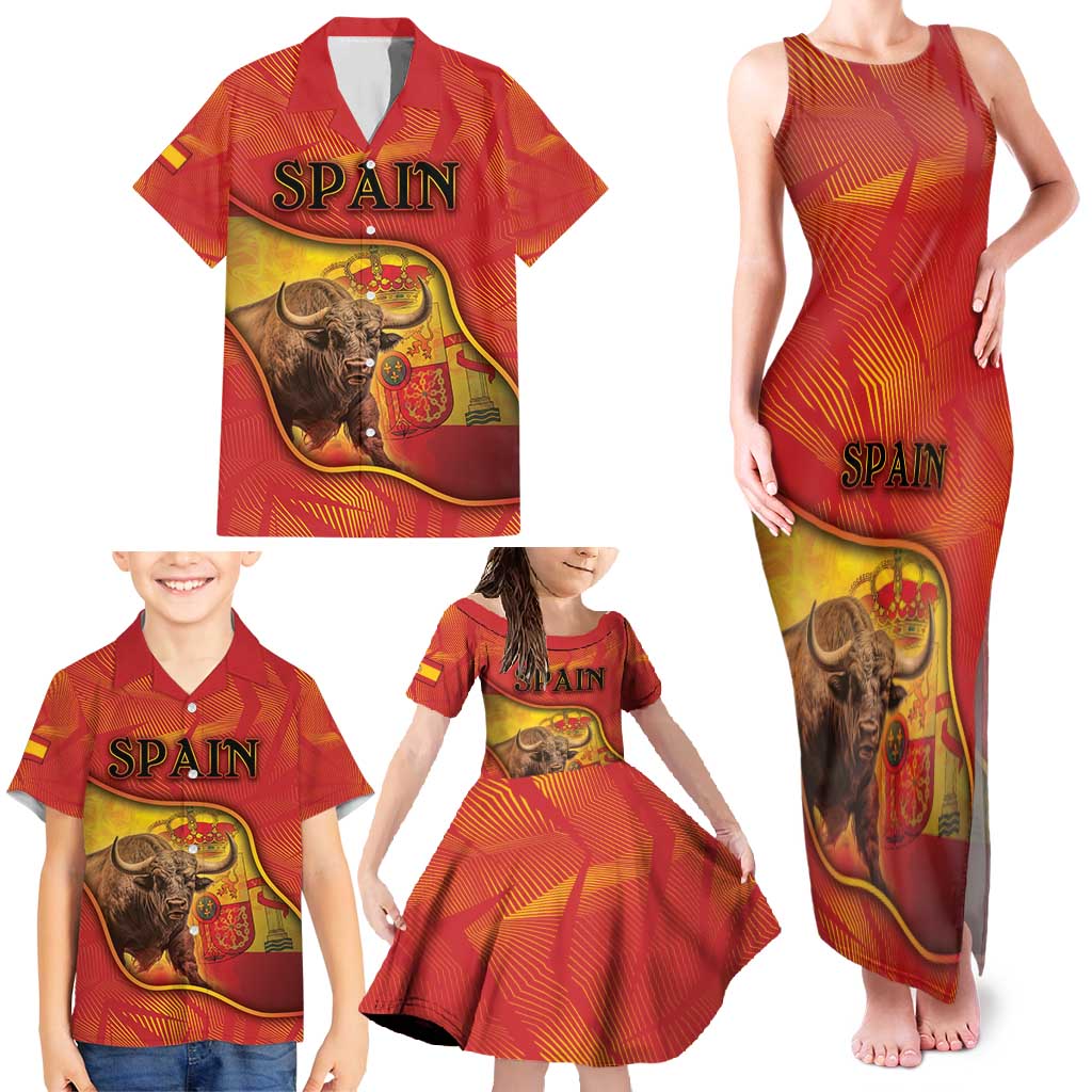 Personalized Spain Family Matching Tank Maxi Dress and Hawaiian Shirt The Spanish Fighting Bull With Coat Of Arms - Wonder Print Shop