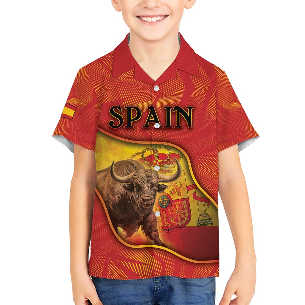 Personalized Spain Kid Hawaiian Shirt The Spanish Fighting Bull With Coat Of Arms - Wonder Print Shop