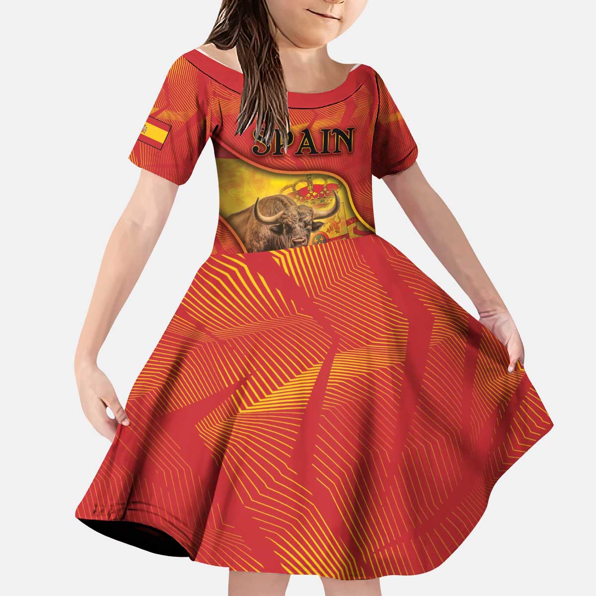 Personalized Spain Kid Short Sleeve Dress The Spanish Fighting Bull With Coat Of Arms - Wonder Print Shop