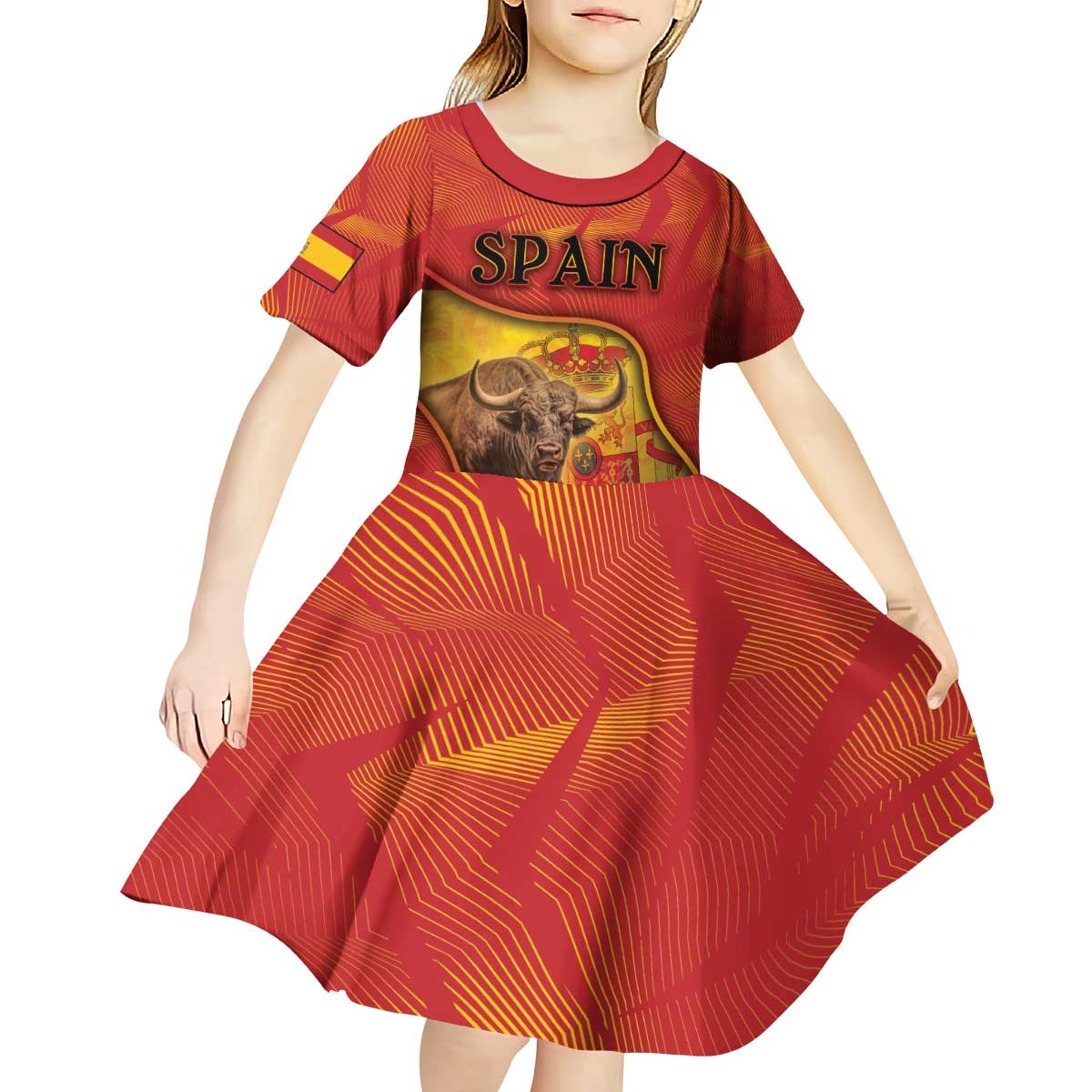 Personalized Spain Kid Short Sleeve Dress The Spanish Fighting Bull With Coat Of Arms - Wonder Print Shop
