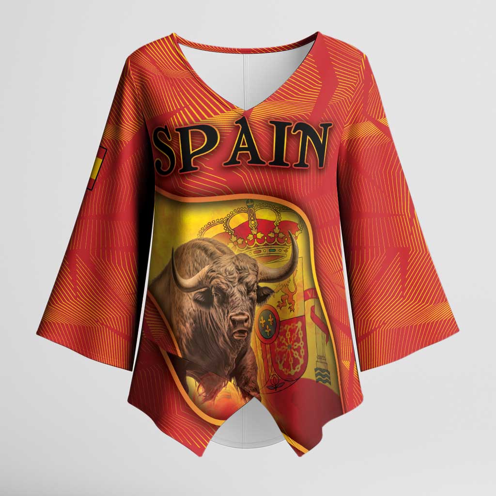 Personalized Spain Kimono Sleeve Blouse The Spanish Fighting Bull With Coat Of Arms - Wonder Print Shop