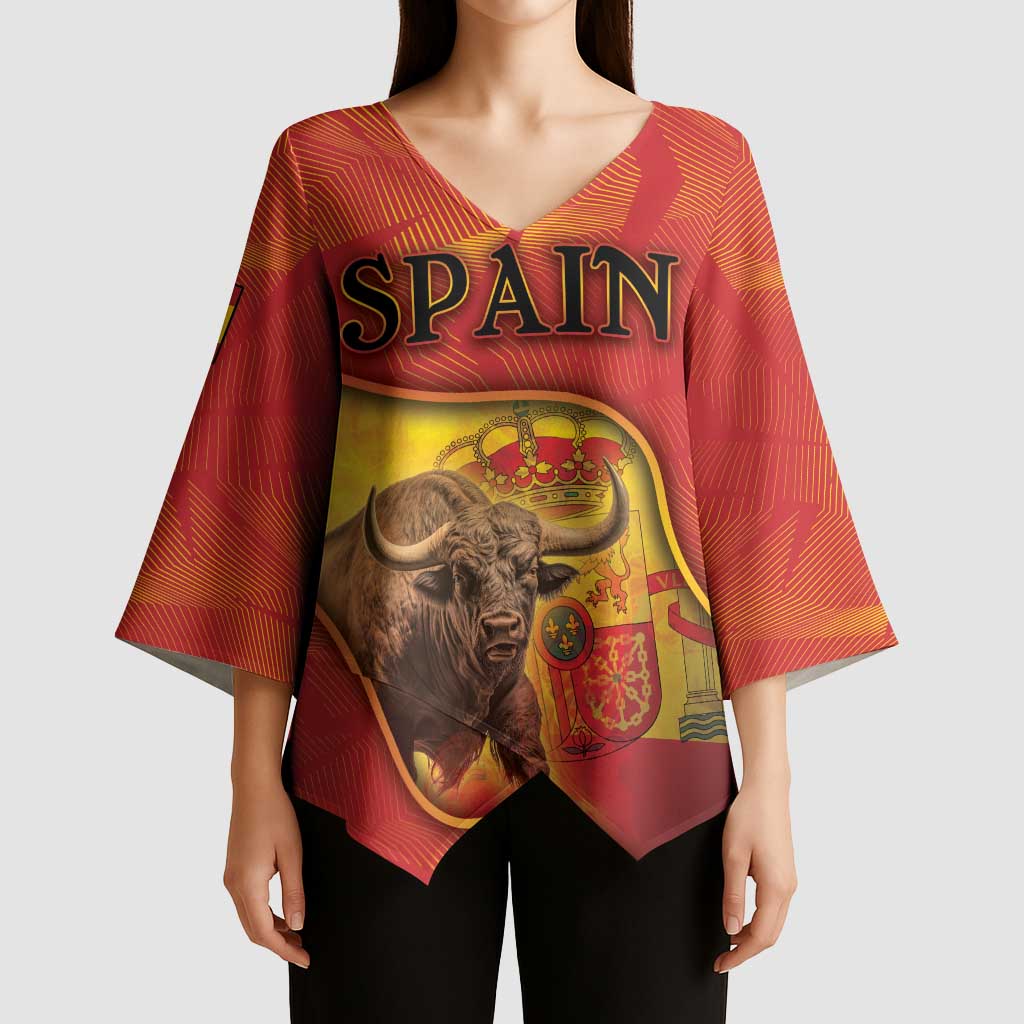 Personalized Spain Kimono Sleeve Blouse The Spanish Fighting Bull With Coat Of Arms - Wonder Print Shop