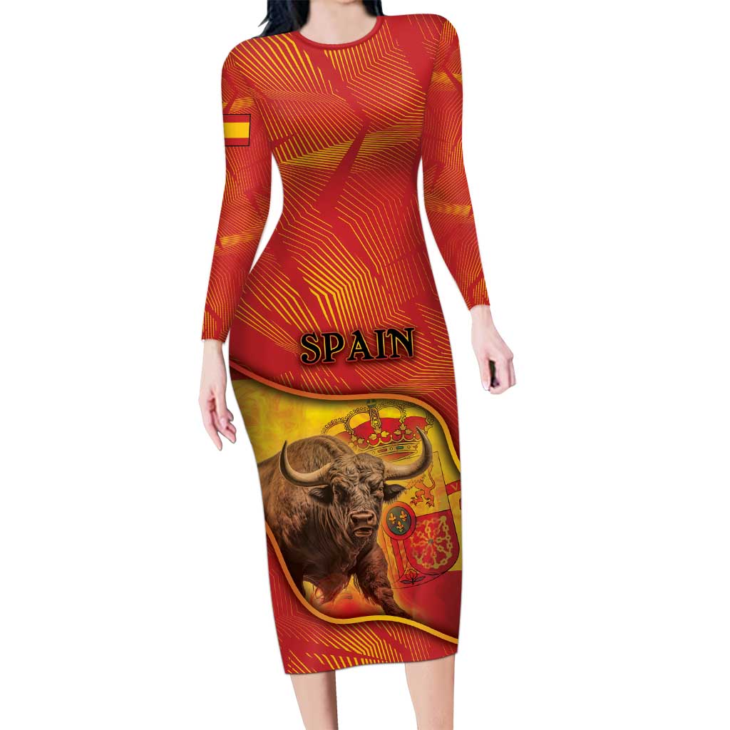 Personalized Spain Long Sleeve Bodycon Dress The Spanish Fighting Bull With Coat Of Arms - Wonder Print Shop