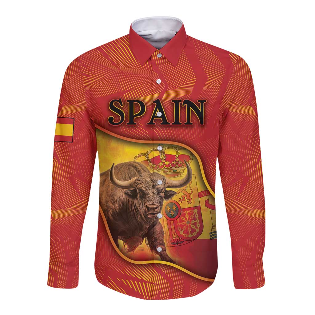 Personalized Spain Long Sleeve Button Shirt The Spanish Fighting Bull With Coat Of Arms - Wonder Print Shop
