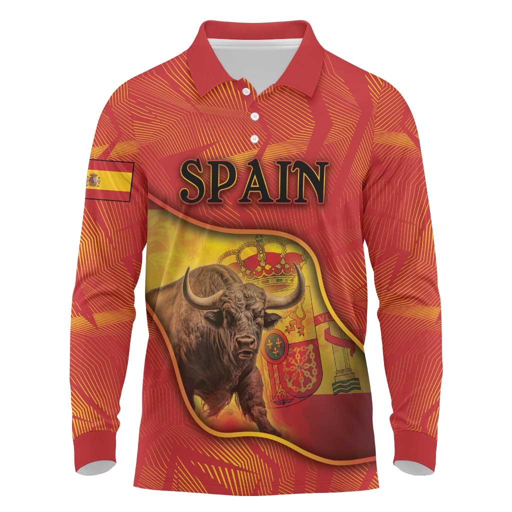 Personalized Spain Long Sleeve Polo Shirt The Spanish Fighting Bull With Coat Of Arms - Wonder Print Shop