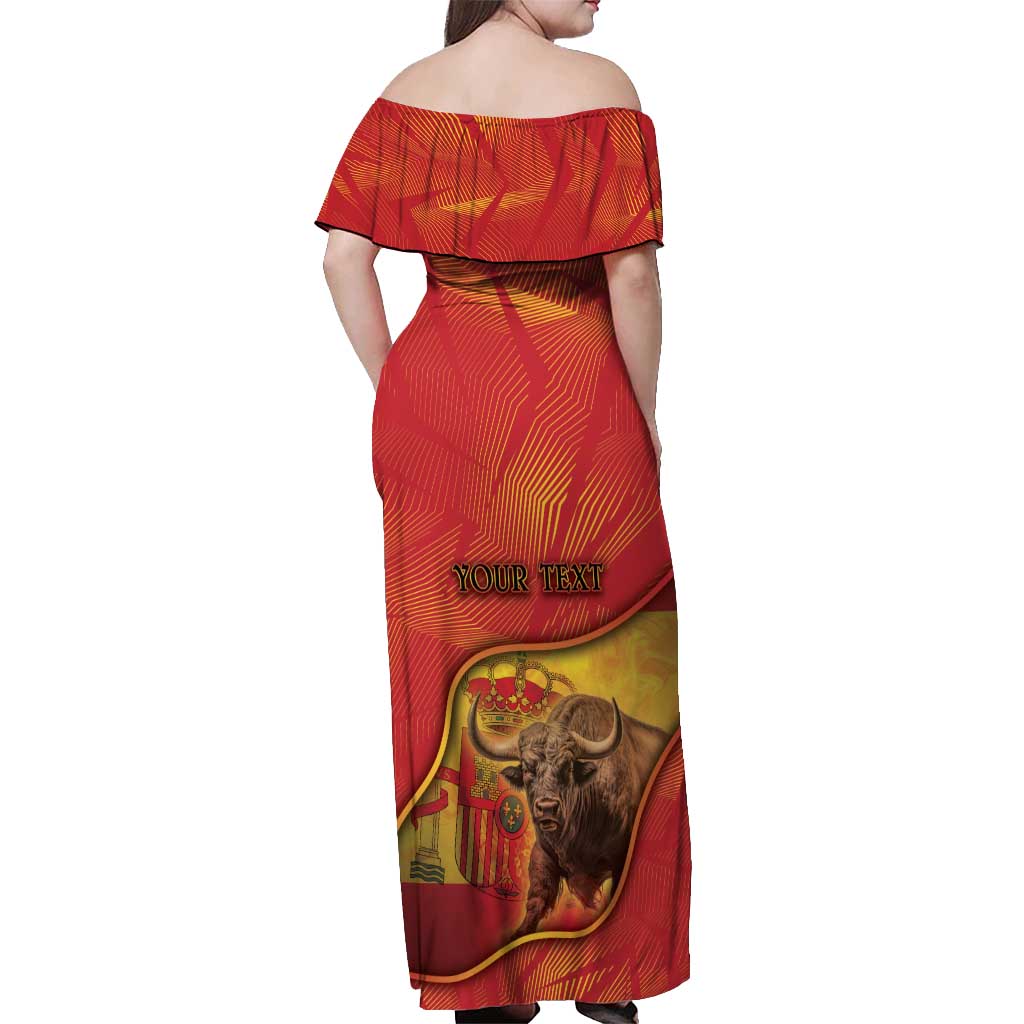 Personalized Spain Off Shoulder Maxi Dress The Spanish Fighting Bull With Coat Of Arms - Wonder Print Shop