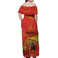Personalized Spain Off Shoulder Maxi Dress The Spanish Fighting Bull With Coat Of Arms - Wonder Print Shop