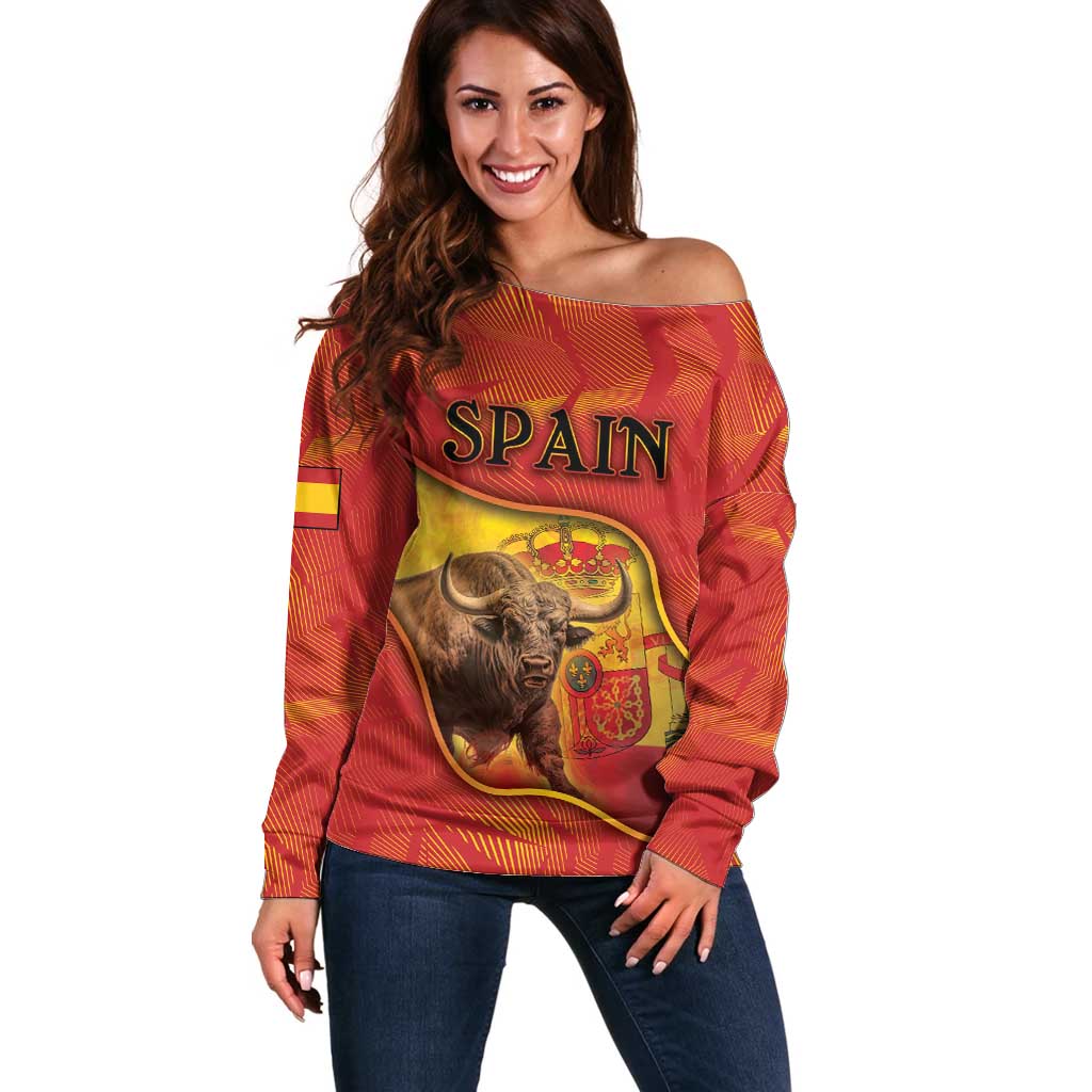 Personalized Spain Off Shoulder Sweater The Spanish Fighting Bull With Coat Of Arms - Wonder Print Shop