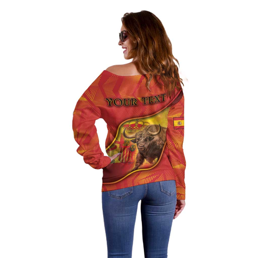 Personalized Spain Off Shoulder Sweater The Spanish Fighting Bull With Coat Of Arms - Wonder Print Shop