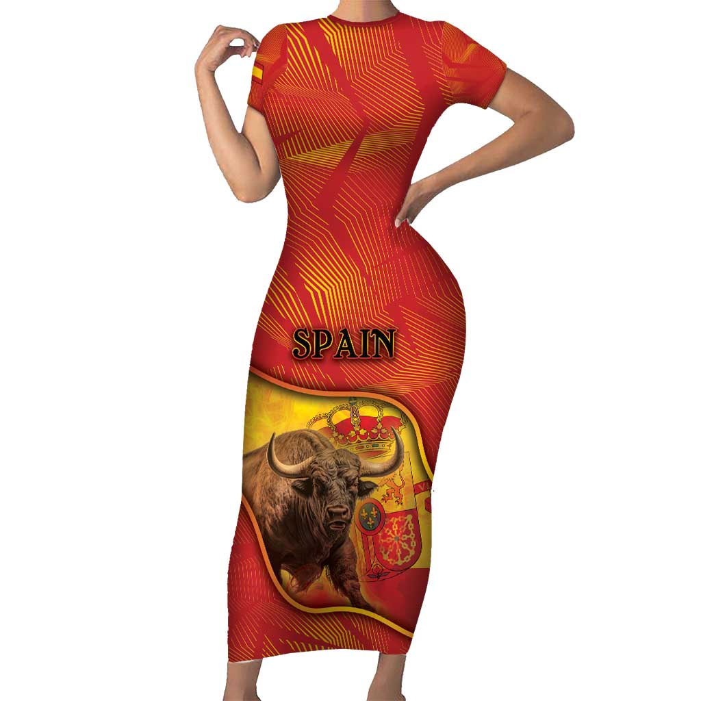 Personalized Spain Short Sleeve Bodycon Dress The Spanish Fighting Bull With Coat Of Arms - Wonder Print Shop