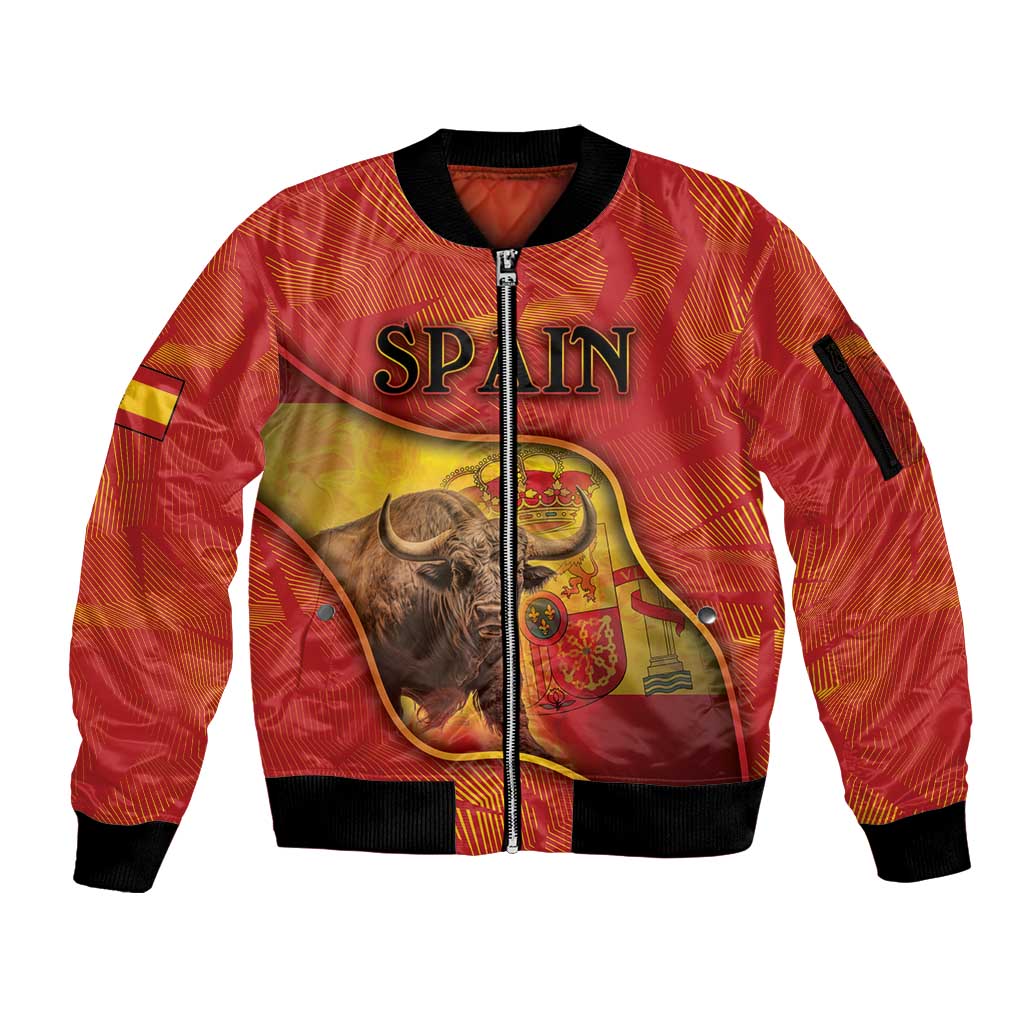 Personalized Spain Sleeve Zip Bomber Jacket The Spanish Fighting Bull With Coat Of Arms - Wonder Print Shop
