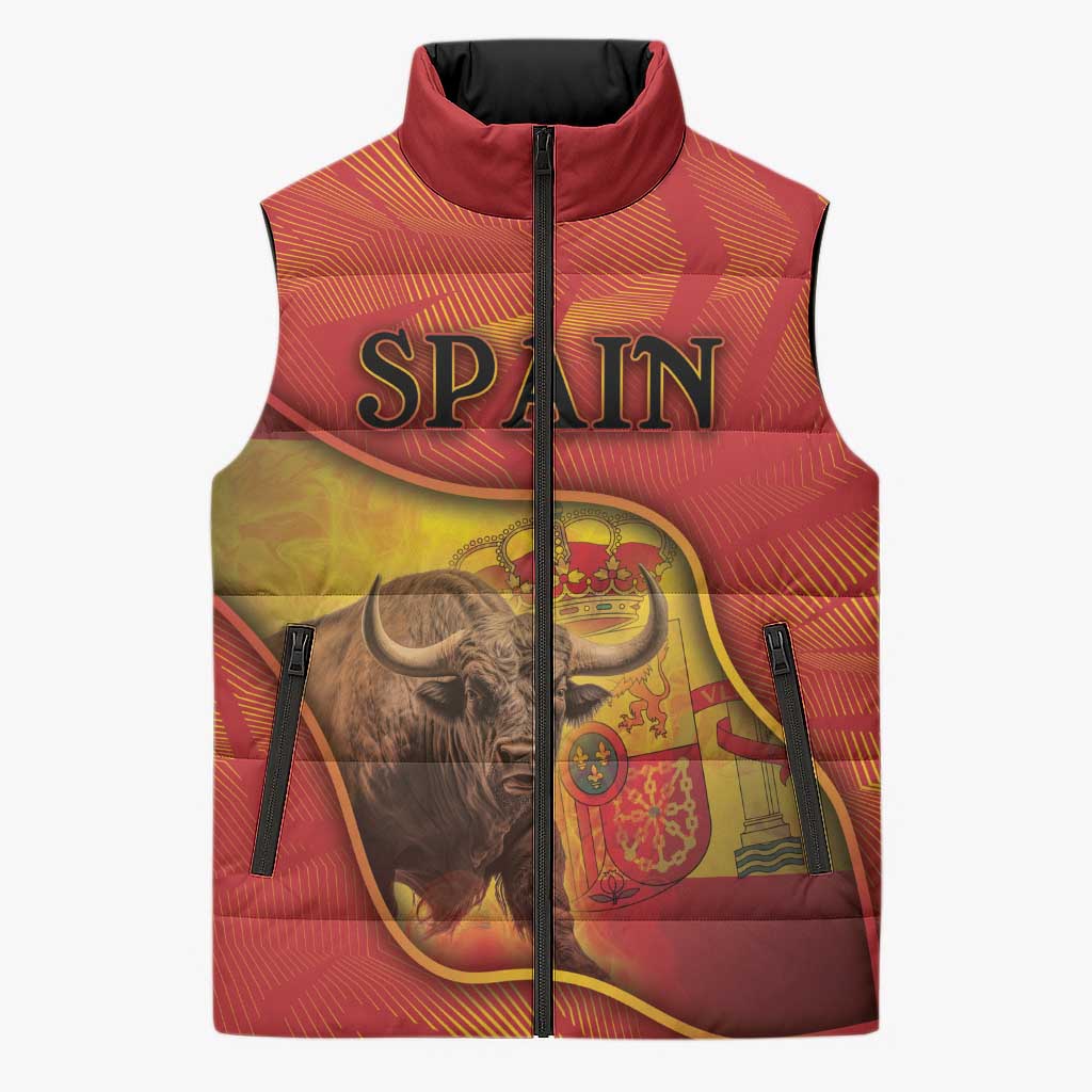 Personalized Spain Sleeveless Puffer Jacket The Spanish Fighting Bull With Coat Of Arms - Wonder Print Shop