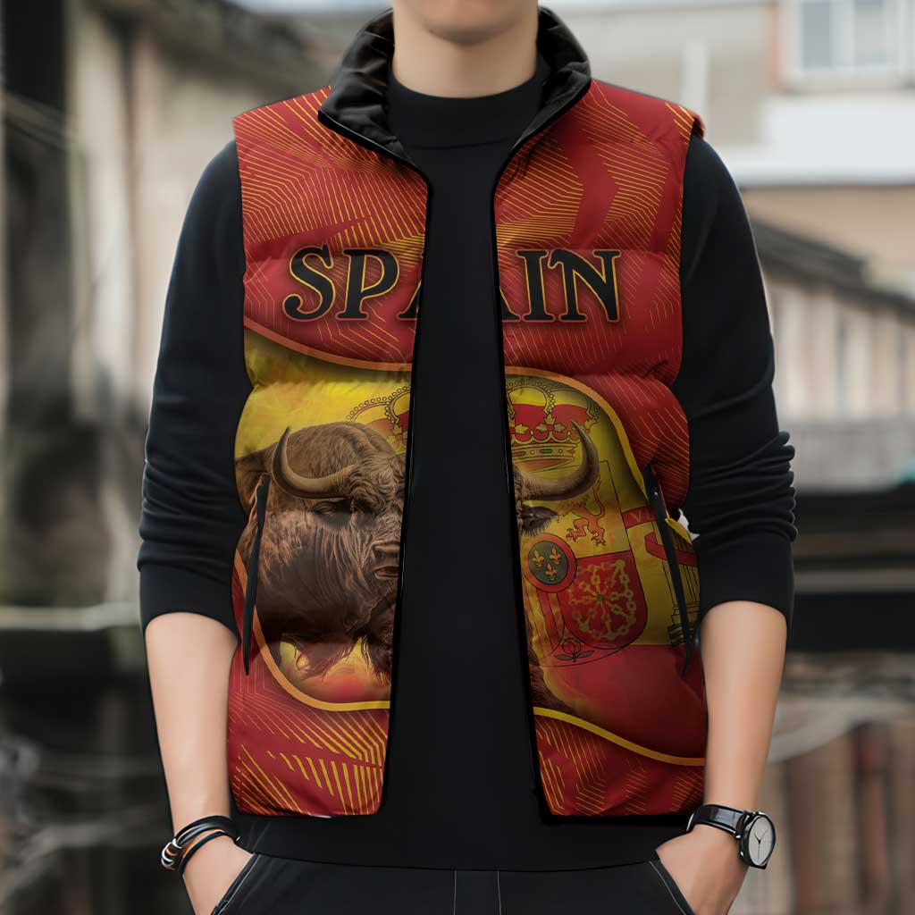 Personalized Spain Sleeveless Puffer Jacket The Spanish Fighting Bull With Coat Of Arms - Wonder Print Shop