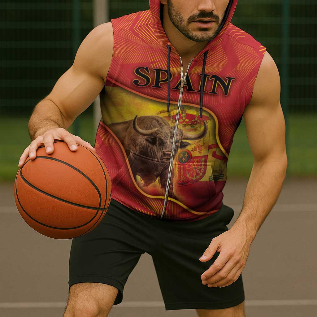 Personalized Spain Sleeveless Zip Hoodie The Spanish Fighting Bull With Coat Of Arms - Wonder Print Shop