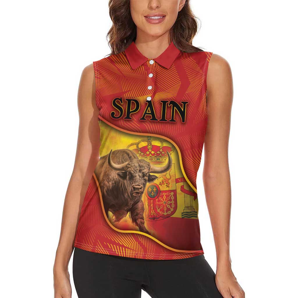 Personalized Spain Women Sleeveless Polo Shirt The Spanish Fighting Bull With Coat Of Arms - Wonder Print Shop