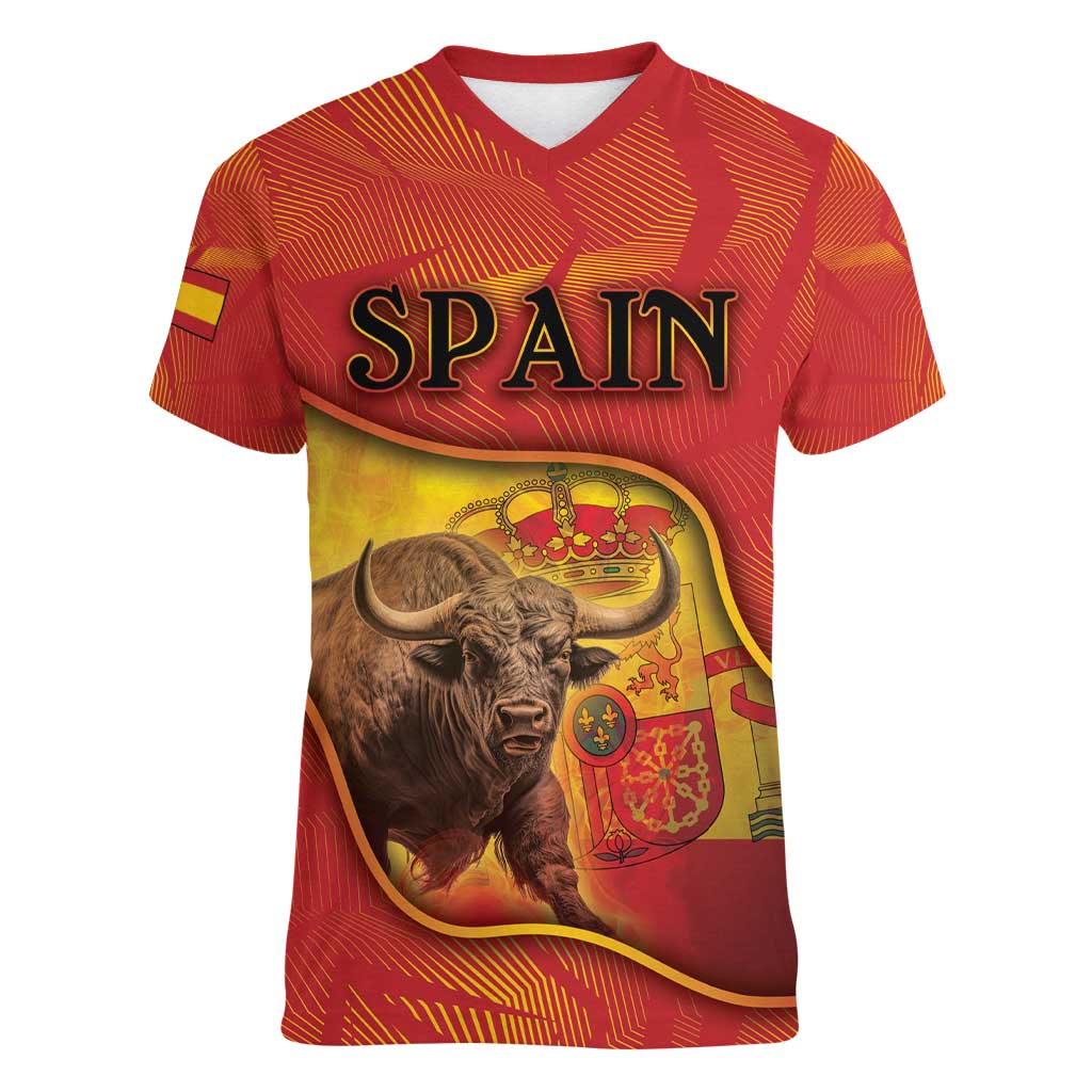 Personalized Spain Women V-Neck T-Shirt The Spanish Fighting Bull With Coat Of Arms - Wonder Print Shop