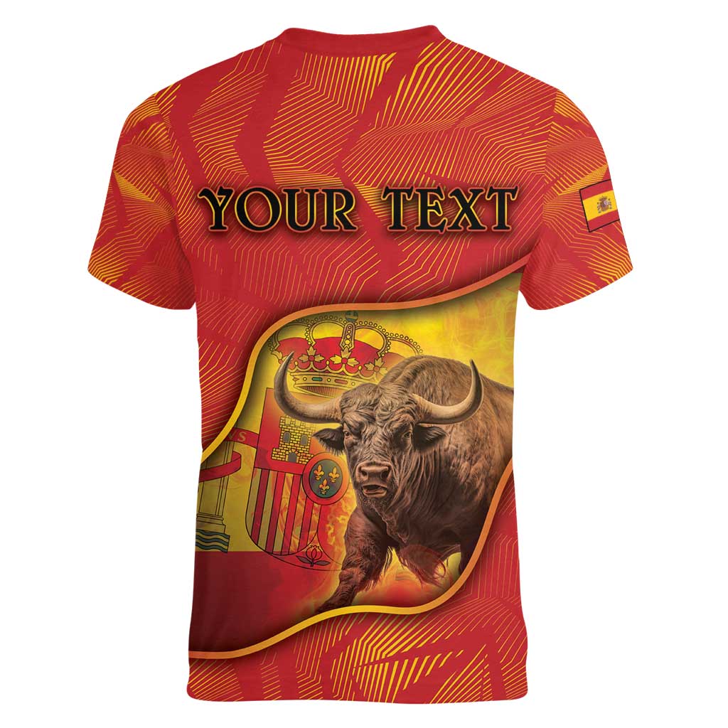 Personalized Spain Women V-Neck T-Shirt The Spanish Fighting Bull With Coat Of Arms - Wonder Print Shop